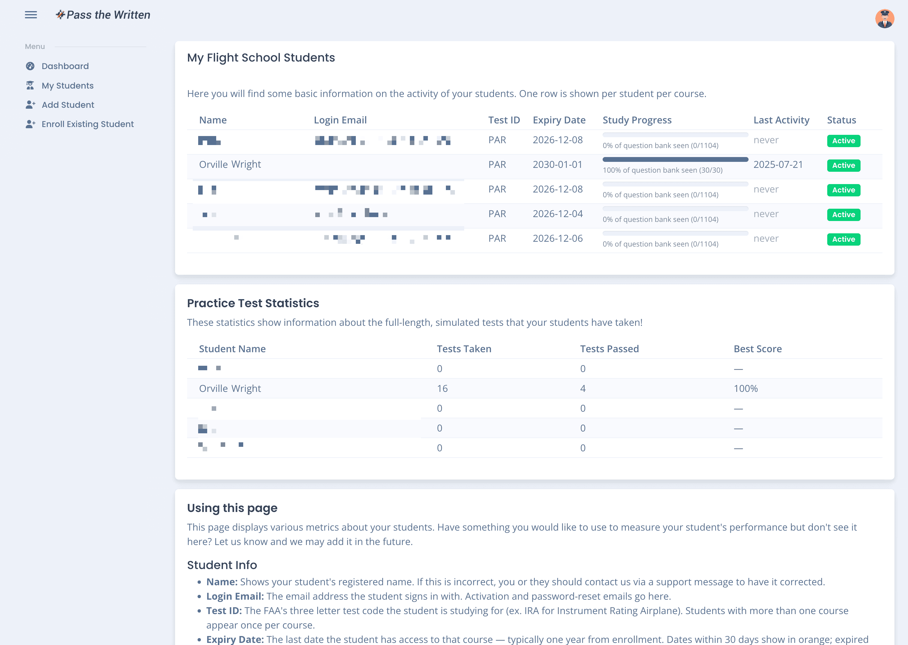 Instructor portal showing student progress