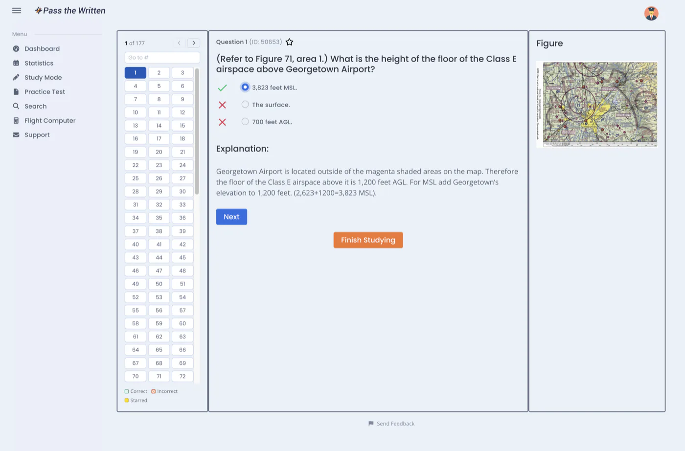 Study mode showing a question, the correct answer marked, and a sourced explanation